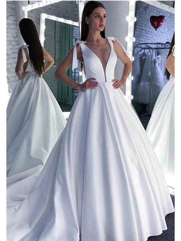 Unmissable Deals Round Neck White Satin Wedding Dresses with Train, White Satin Prom Dress Evening Dresses