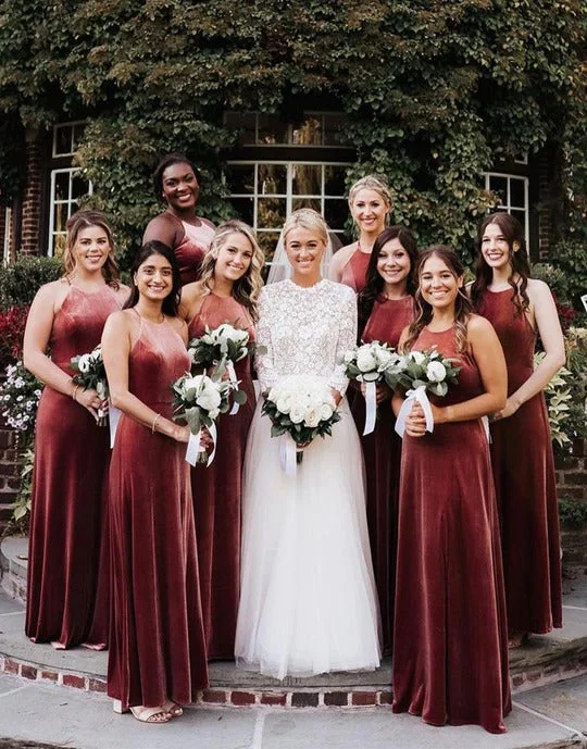 Weekend Shopping Spree Rust Brown Velvet Long A Line Bridesmaid Dresses