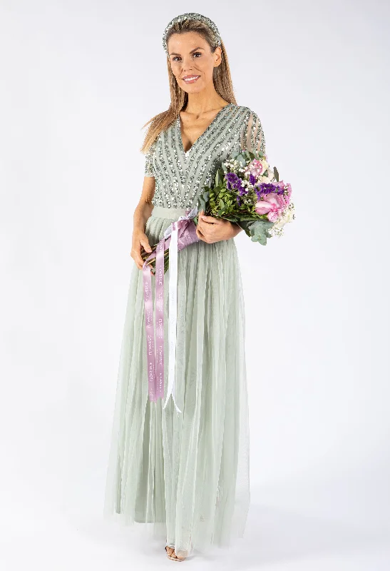 SAGE V NECK SEQUIN AND TULLE DRESS WITH TIE WAIST