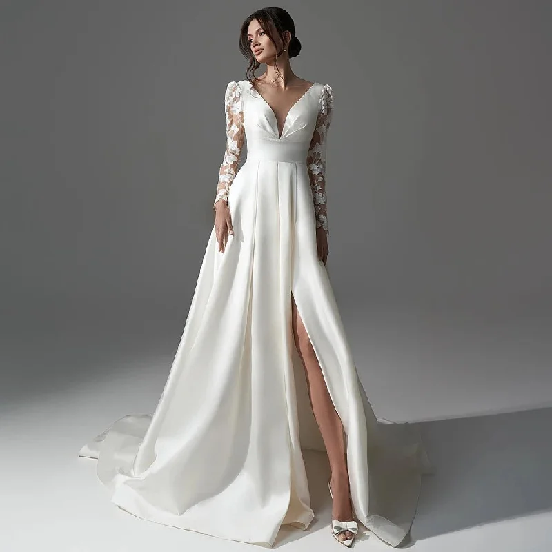 Weekend Offers Galore Satin Applique Lace Long Sleeves Wedding Dress