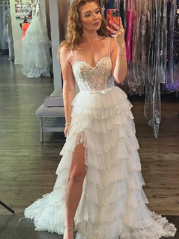 Weekend Offers and Savings Sequined Multi Layers White Blue Floral Long Prom Dresses with High Slit, White Blue Lace Long Formal Evening Dresses Weekend Offers and Savings Sequined Multi Layers White Blue Floral Long Prom Dresses with High Slit, White Blue Lace Long Formal Evening Dresses
