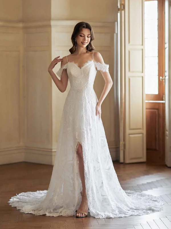 Weekend Specials Galore Sexy Side Split Cold Shoulder A-line Open Back V-neck Maxi Long Lace Wedding Dresses Online