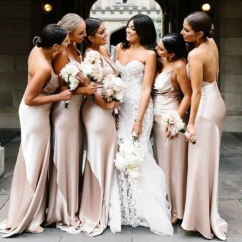 Hot Savings Alert Sexy Champagne Open Back Pleats Mermaid Long Bridesmaid Dresses