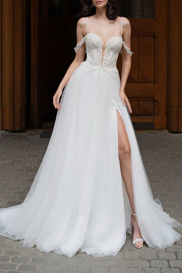 Flash Discounts Sexy deep V-neck beaded side slit A-line pastoral wedding dress