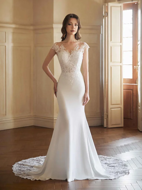 Special Shopping Event Cap Sleeves Sexy Mermaid Open Back V-neck  Maxi Long Lace Wedding Dresses Online