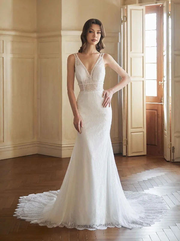 Weekend Sale Frenzy Sexy Mermaid Open Back V-neck Maxi Long Lace Wedding Dresses Online