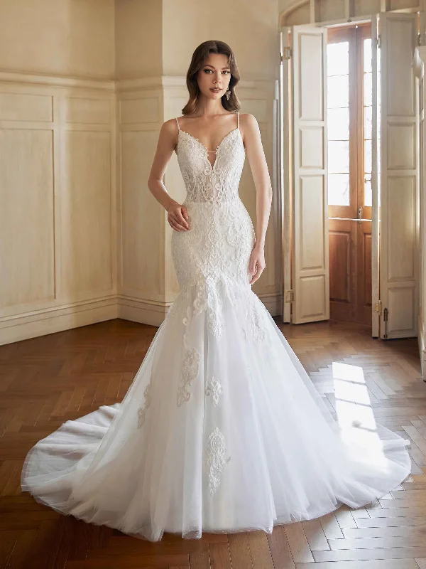 Season-End Deals Sexy Mermaid Open Back V-neck Spaghetti Straps Maxi Long Lace Wedding Dresses Online