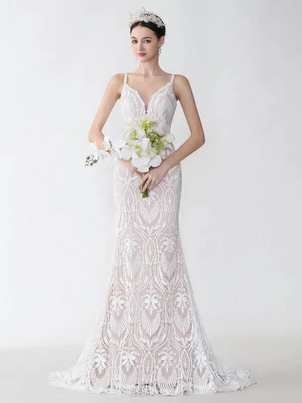 Weekend Flash Savings Sexy Mermaid Spaghetti Straps V-neck Maxi Long Lace Wedding Dresses