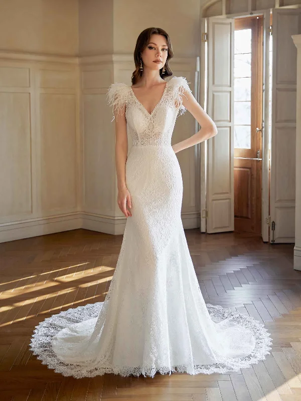Weekend Hot Picks Sexy Mermaid Cap Sleeves V-neck Maxi Long Lace Wedding Dresses With Feather Weekend Hot Picks Sexy Mermaid Cap Sleeves V-neck Maxi Long Lace Wedding Dresses With Feather