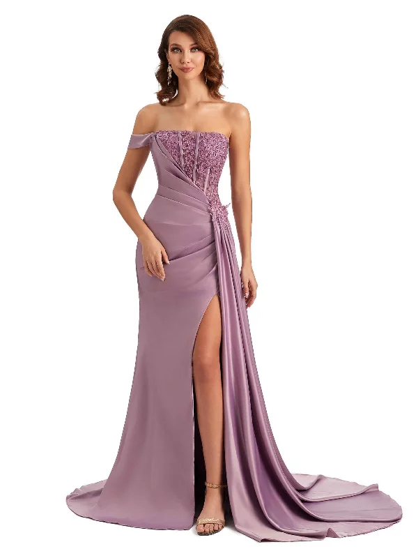 Sexy One Shoulder Lace Side Slit Mermaid Silky Satin Unique Long Bridesmaid Dresses