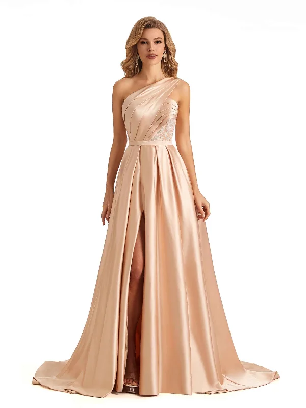 Weekend Only Deals Sexy Side Slit One Shoulder A-line Soft Satin Long Bridesmaid Dresses Online