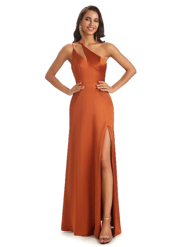 Limited-Time Bargains Sexy Soft Satin Side Slit One Shoulder Floor-Length Mermaid Long Bridesmaid Dresses Online