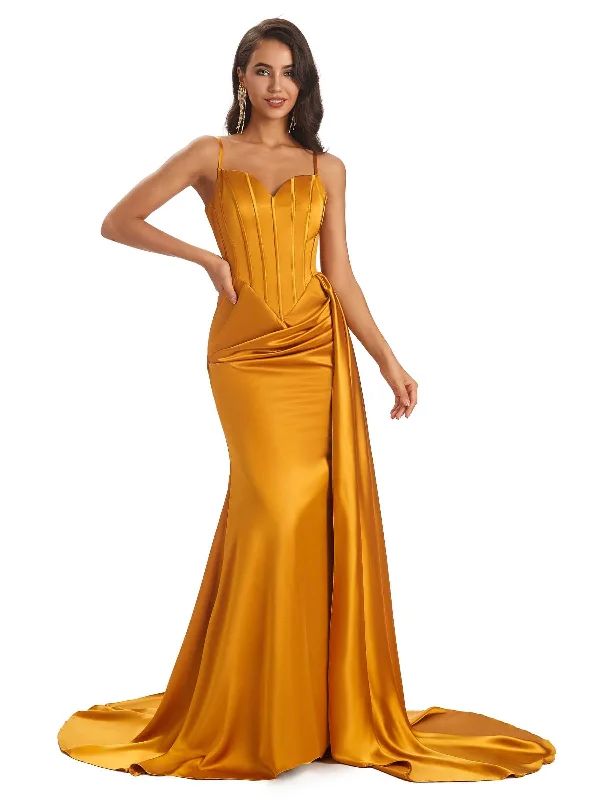 Big Offers Sexy Soft Satin Mermaid Long Spaghetti Straps Long Bridesmaid Dresses Online