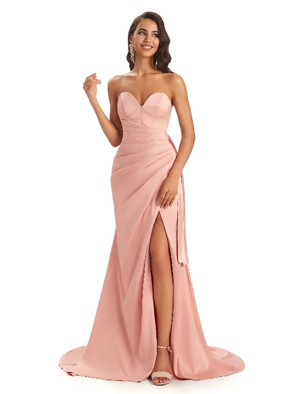 Flash Shopping Deal Sexy Soft Satin Side Slit Sweetheart Long Mermaid African Bridesmaid Dresses