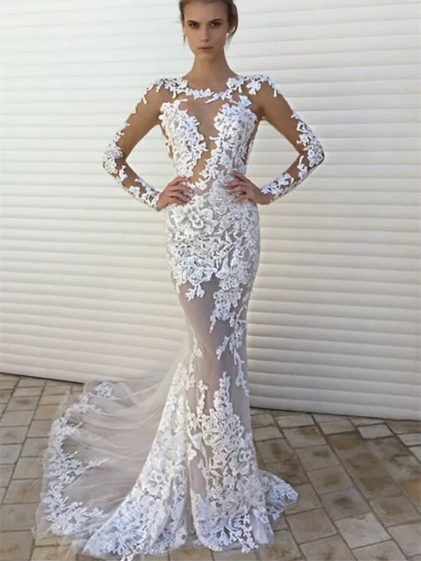 Sexy White Lace Mermaid See Through Long Sleeves Wedding Dress Prom Dresses Party Gown