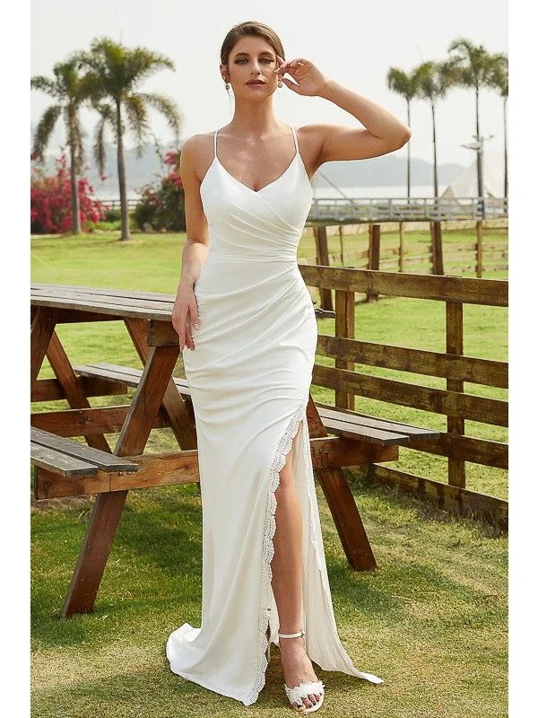 Weekend Markdowns Sheath/Column Jersey Ruched V-neck Sleeveless Sweep/Brush Train Wedding Dresses