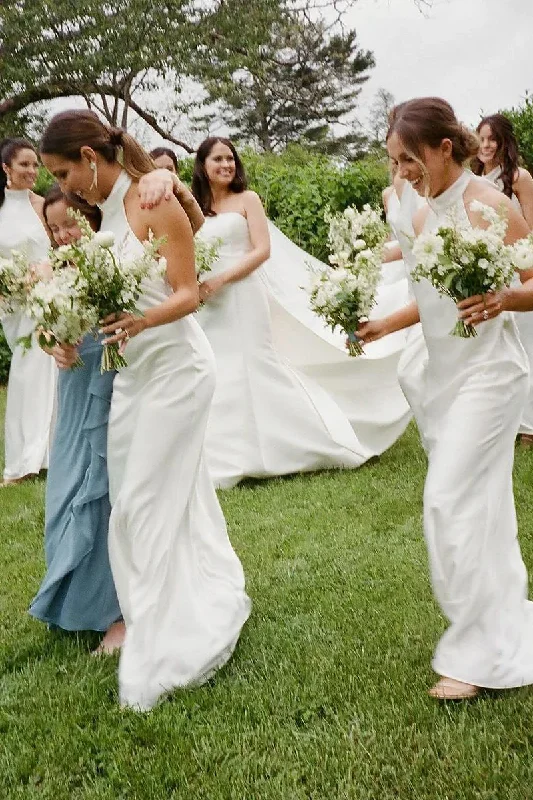 Weekend Deals Sheath Halter White Silk Satin Long Bridesmaid Dresses