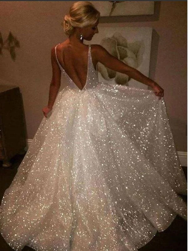 Offer Ending Soon Shiny A Line V Neck Ivory Wedding Dresses, A Line V Neck Prom Graduation Dresses