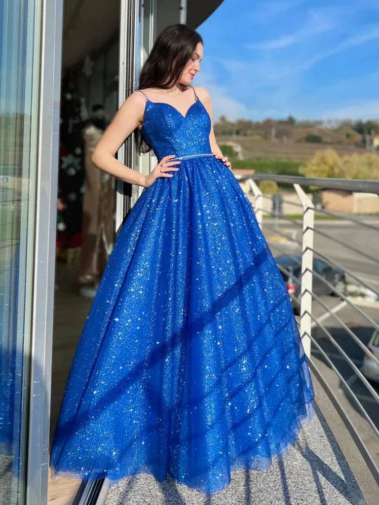 Shop & Save Today Shiny V Neck Open Back Blue Tulle Long Prom Dresses, Blue Tulle Formal Dresses, Blue Evening Dresses Shop & Save Today Shiny V Neck Open Back Blue Tulle Long Prom Dresses, Blue Tulle Formal Dresses, Blue Evening Dresses