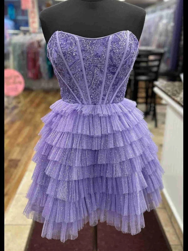 Super Savings Short Shiny Strapless Layered Lilac Lace Prom Dresses, Short Lilac Lace Formal Evening  Homecoming Dresses