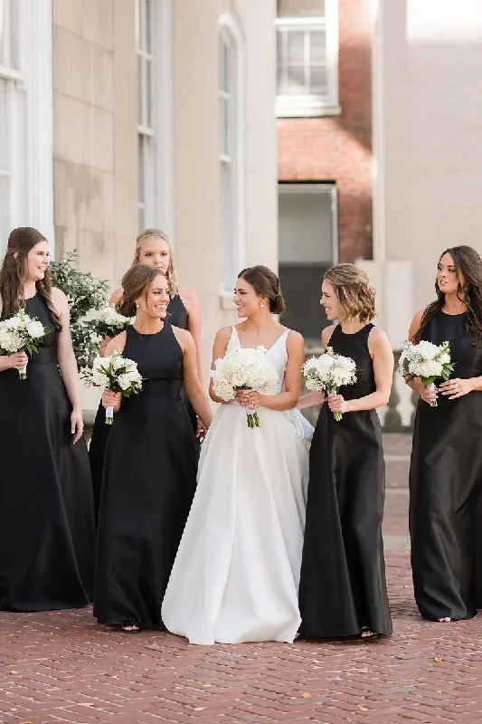 Super Deal Simple A-Line Round Neck Black Satin Long Bridesmaid Dresses
