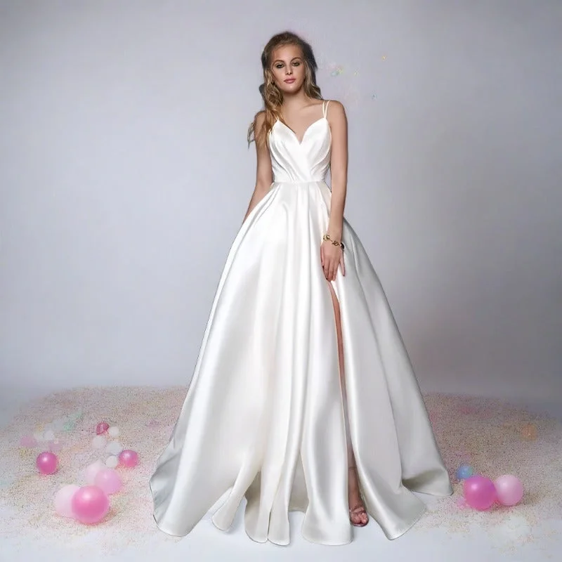 Weekend Steals and Deals Simple A-Line Satin V-Neck Spaghetti Straps Wedding Dress