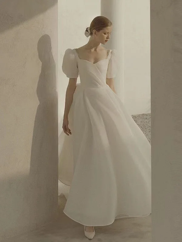 Weekend Hot Offers Simple A Line Wedding Gowns, 2022 Newest Wedding Dresses, Bubble Sleeves Wedding Dresses