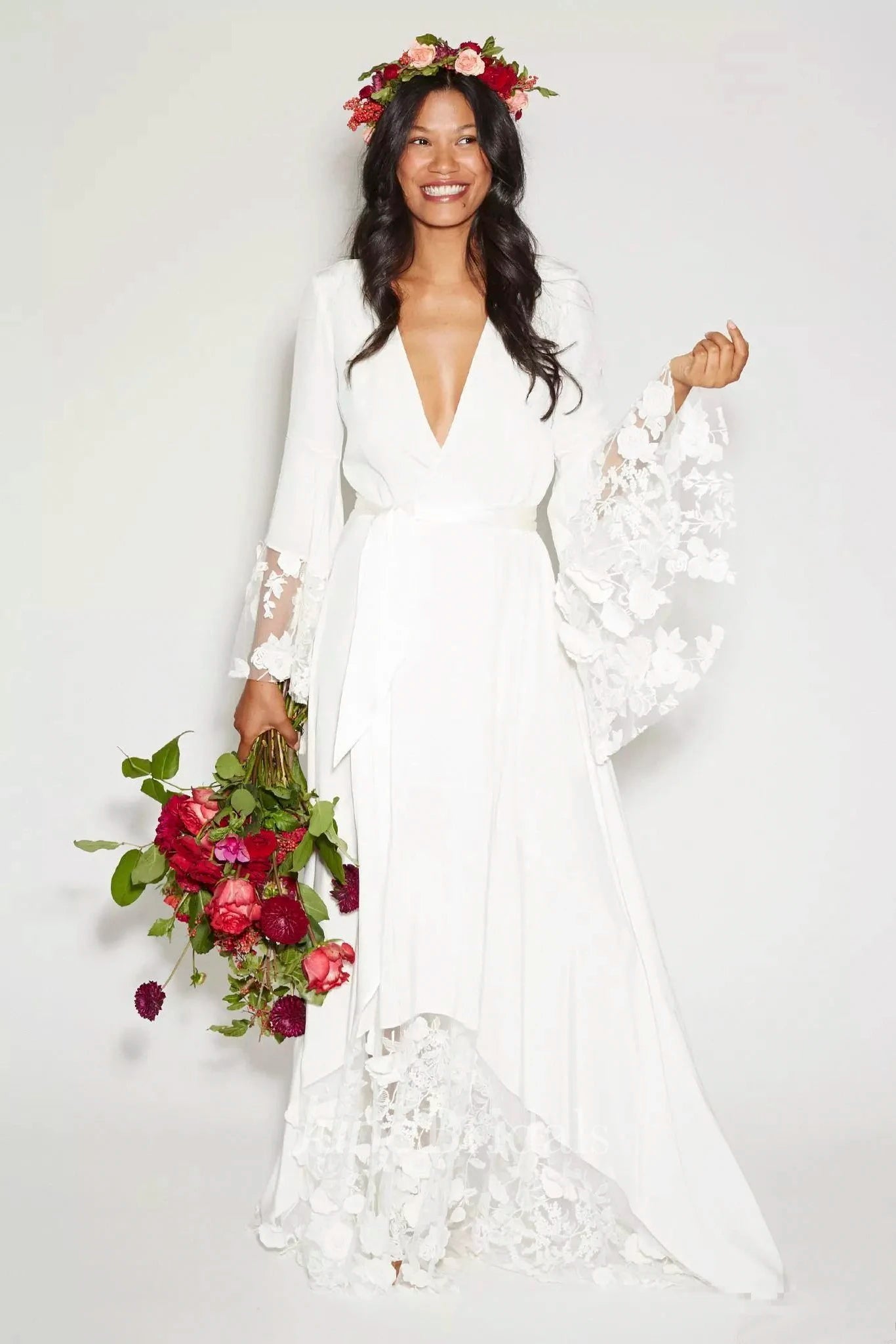 Weekend Specials Galore Simple Bohemian Long Sleeves Deep V Neck Hippie Beach Country Chiffon Lace Wedding Dress