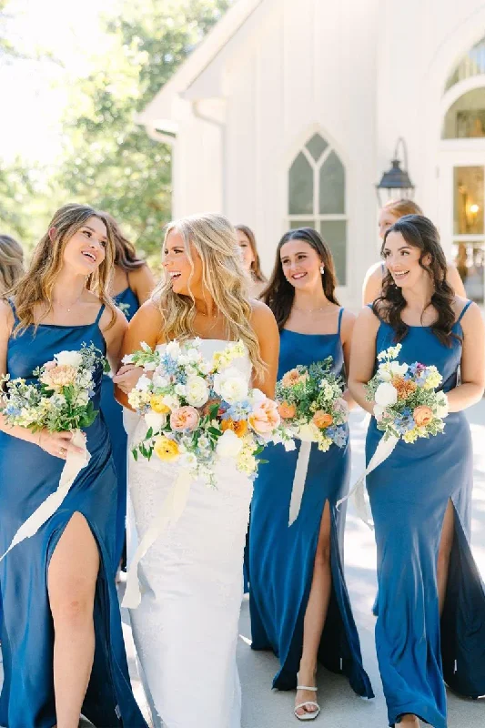 Special Price Drop Simple Mermaid Spaghetti Straps Blue Long Bridesmaid Dresses