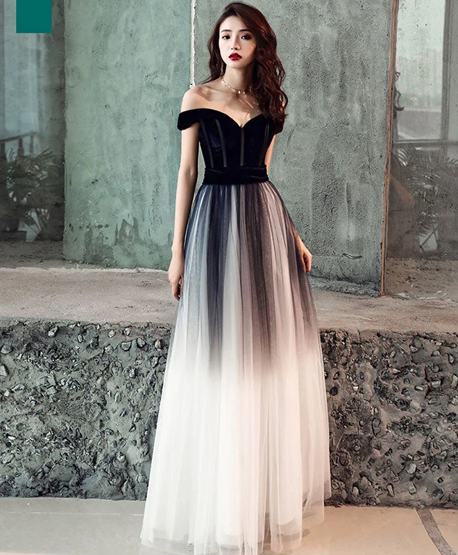 Exclusive Deals Simple Tulle Off Shoulder Black Long Prom Dress, Black Tulle Evening Dress