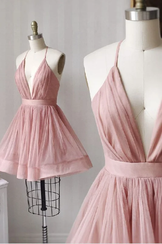 Last Chance Sale Simple v neck tulle pink short prom dress pink bridesmaid dress,DS1163