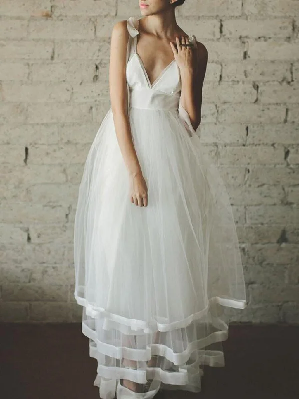 Weekend Clearance Event Simple Wedding Dresses A-line Straps V-neck Long Sexy Cheap Beach Bridal Gown JKW233