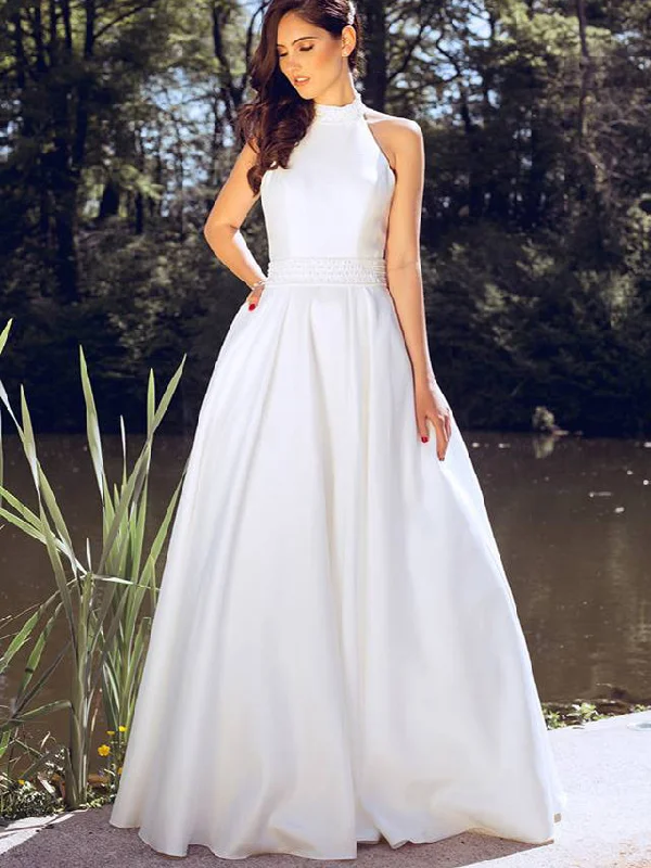Weekend Price Drops Simple Wedding Dresses Floor-length A-line Beading Halter Cheap Bridal Gown JKW228