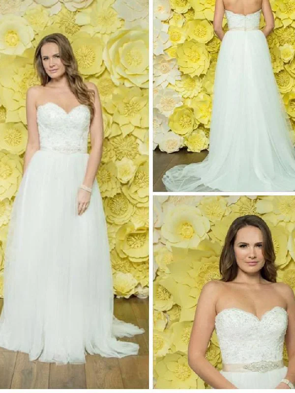 Weekend Sale Frenzy Simple Wedding Dresses Sweep Train A-line Lace Sweetheart Chic Bridal Gown JKW225