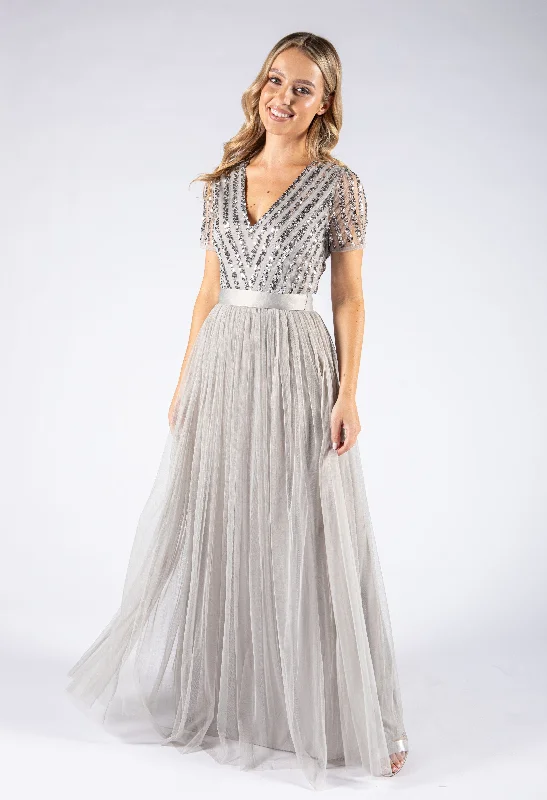 SOFT GREY V NECK SEQUIN AND TULLE DRESS WITH TIE WAIST