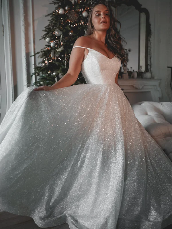 Limited-Time Discount Spaghetti Long A-line Shny Sequin Tulle Wedding Dresses, Shiny Wedding Dresses, Bridal Gown, Popular 2022 Wedding Dresses