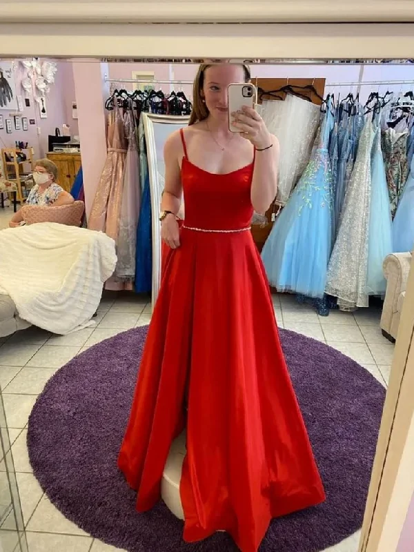 Exclusive Offer Spaghetti Straps Red Long Prom Dresses with Leg Slit, A Line Red Satin Long Formal Evening Graduation Dresses