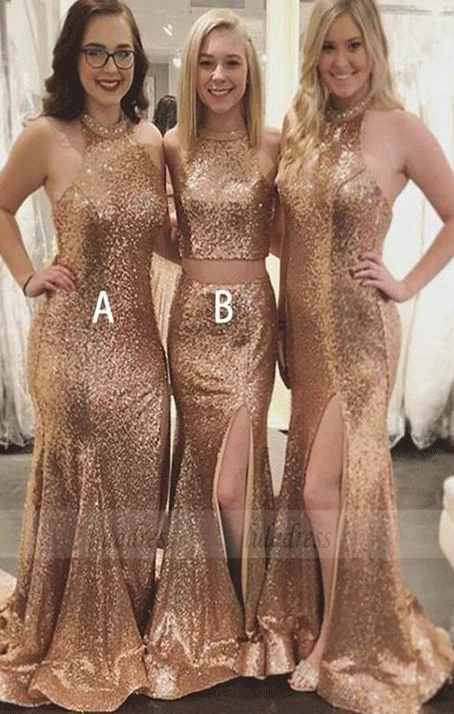 Only for You Sparkly Shinning Mermaid Sweep Train Side Split Sequined Bridesmaid Dresses
