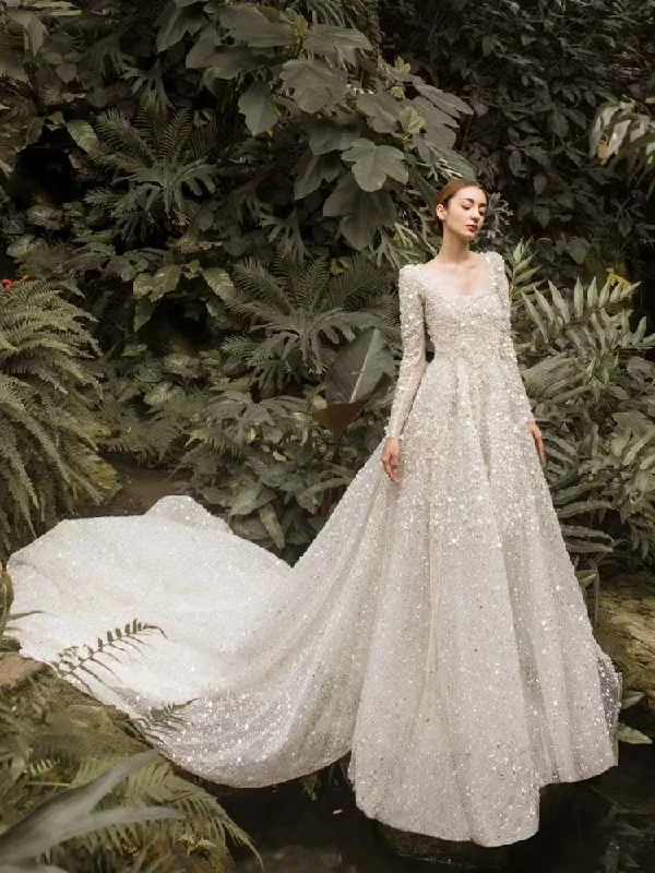 Weekend Wonders Square Neckline Beaded Sequin Tullle Wedding Dresses, Shiny Wedding Dresses With Long Train, Popular 2022 Wedding Dresses