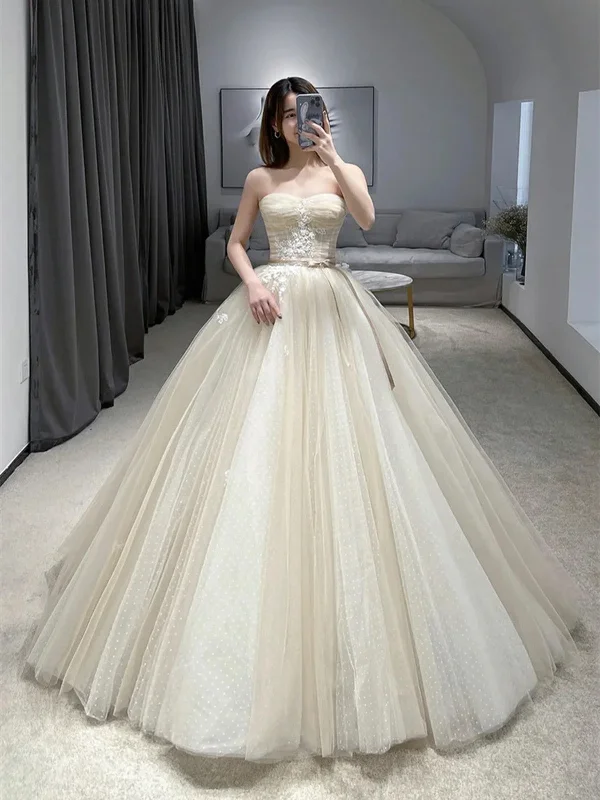 Weekend Promo Offers Strapless Champagne Floor Length Lace Tulle Prom Dresses, Champagne Lace Wedding Dresses, Champagne Lace Formal Evening Dresses Weekend Promo Offers Strapless Champagne Floor Length Lace Tulle Prom Dresses, Champagne Lace Wedding Dresses, Champagne Lace Formal Evening Dresses