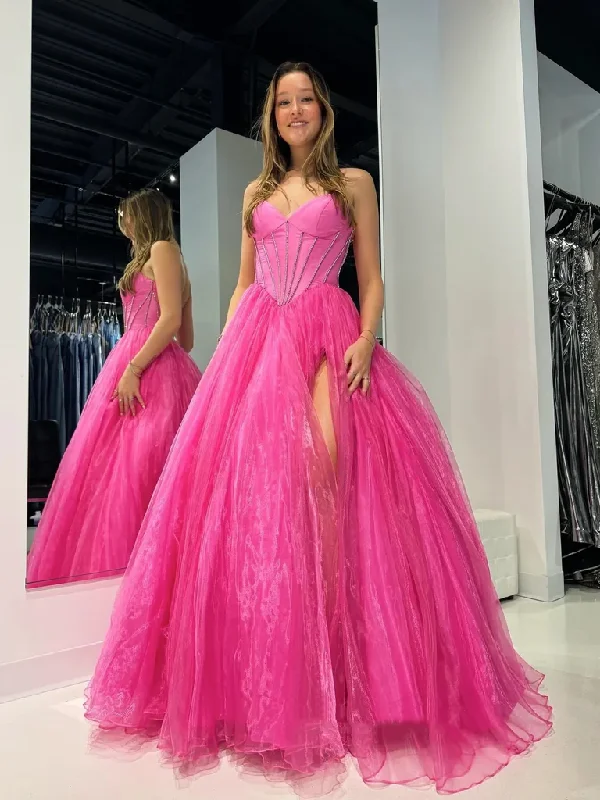 Weekend Limited-Time Offers Strapless Hot Pink Tulle Long Prom Dresses with High Slit, A Line Long Hot Pink Formal  Evening Graduation Dresses