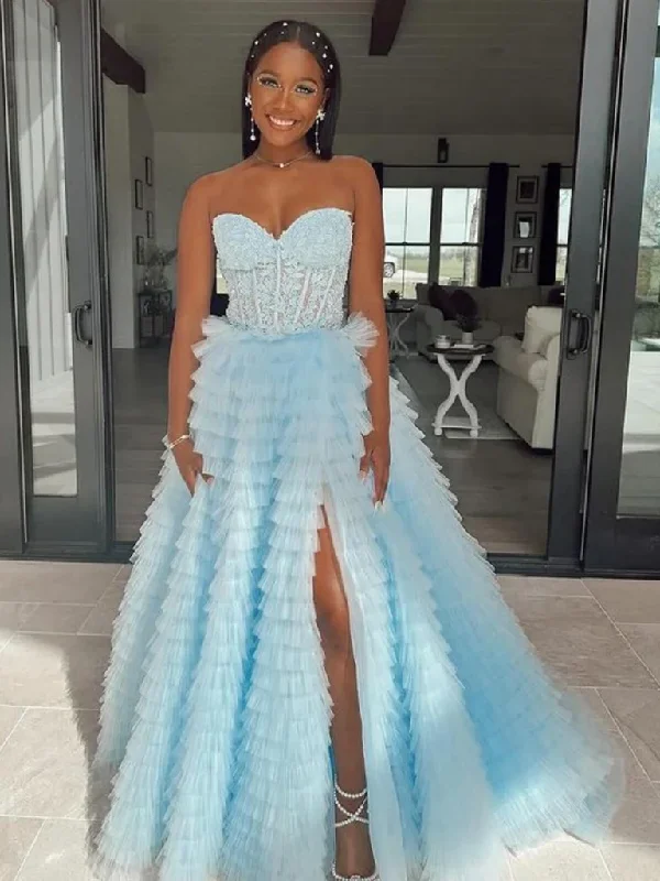 Weekend Hot Picks Strapless Light Blue Lace Long Ruffle Prom Dresses with High Slit, Lace Light Blue Formal Evening Dresses
