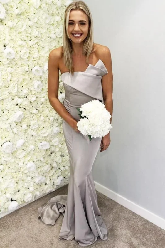 Strapless Silver Mermaid Elegant Long Sleeveless Prom Dresses,Bridesmaid Dresses,DS4036