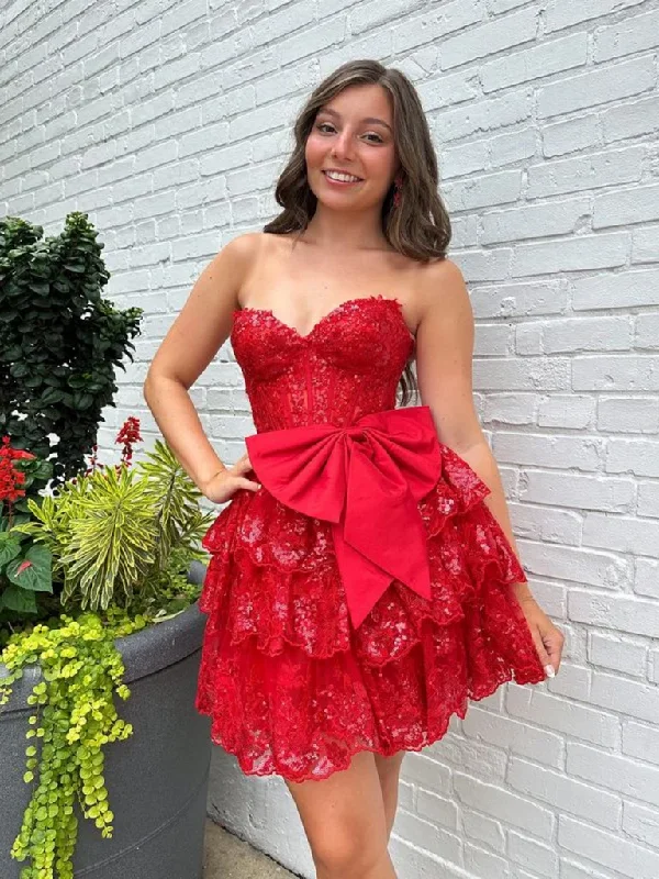 Weekend Shopping Fiesta Strapless Sweetheart Neck  Layered Red Lace Prom Dresses, Short Red Lace Formal Graduation Evening Dresses