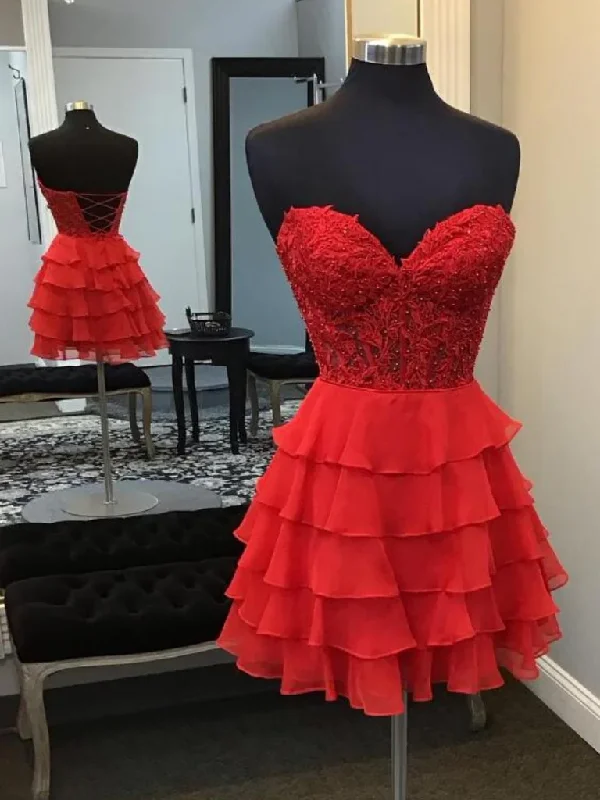 Weekend Closeout Deals Strapless Sweetheart Neck Red Lace Layered Prom Dresses, Sweetheart Neck Short Red Lace Formal Graduation Evening  Dresses