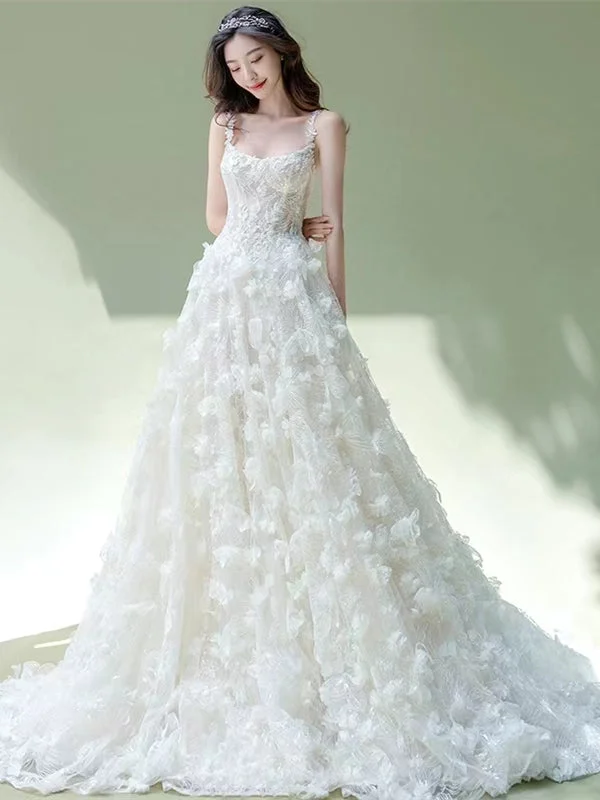 Weekend Price Breaks Straps Long A-line Wedding Dresses, Lace 3D Floral Wedding Dresses, Newest Luxury Handmade Wedding Dresses