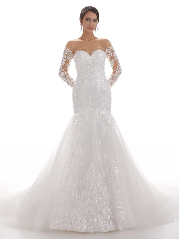 Big Bargain Bonanza Sweetheart Long Sleeves Long Mermaid Ivory Lace Chapel Train Wedding Dresses