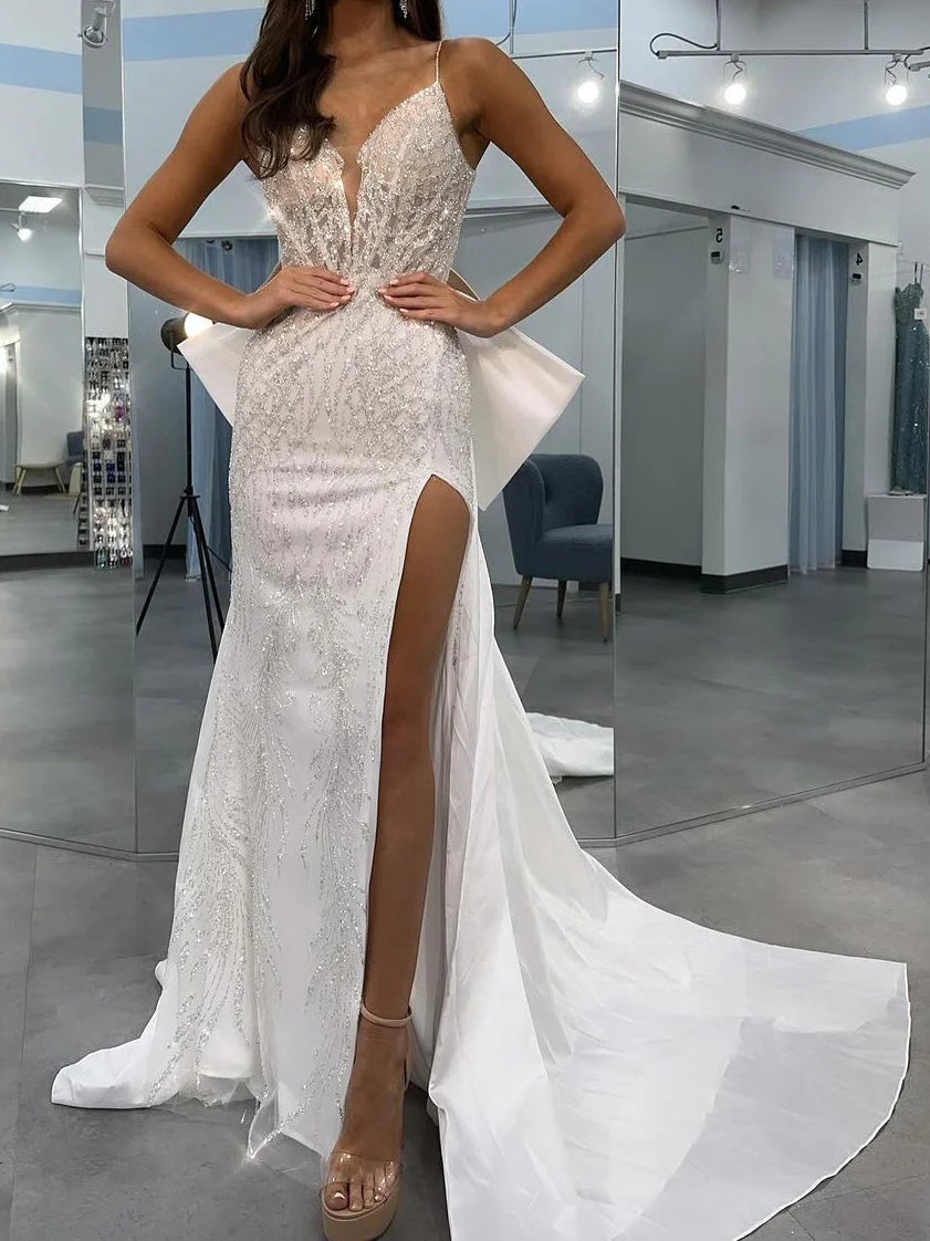 Limited Time Bargain Tight fit/straight slim shoulder strap V-neck sequin split wedding dress
