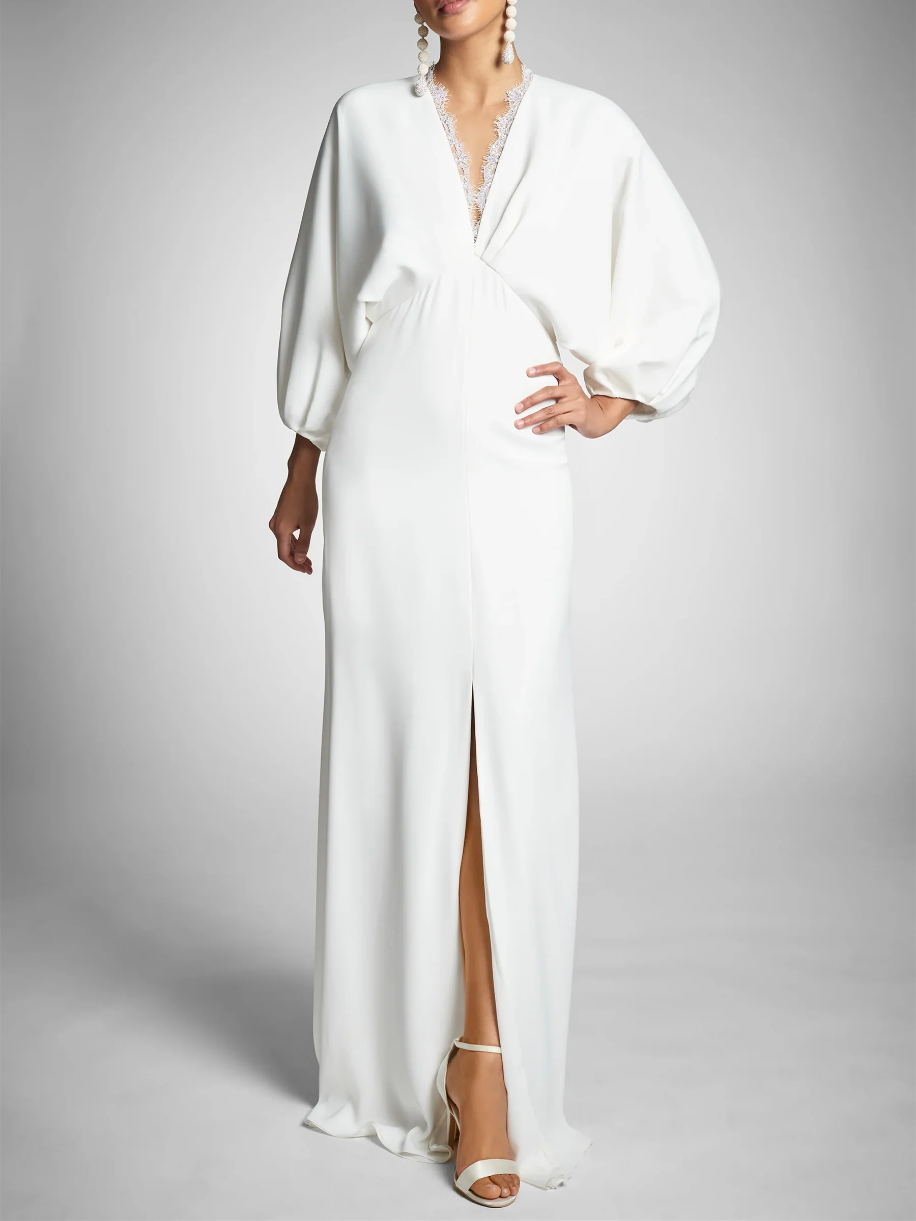 Weekend Steals Tight fitting/column long sleeved V-neck and floor to ceiling wedding dress