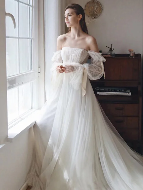 Weekend Exclusive Bargains Tulle A-line Wedding Dresses, Long Sleeves Popular Wedding Gowns, Elegant 2022 Bridal Gowns